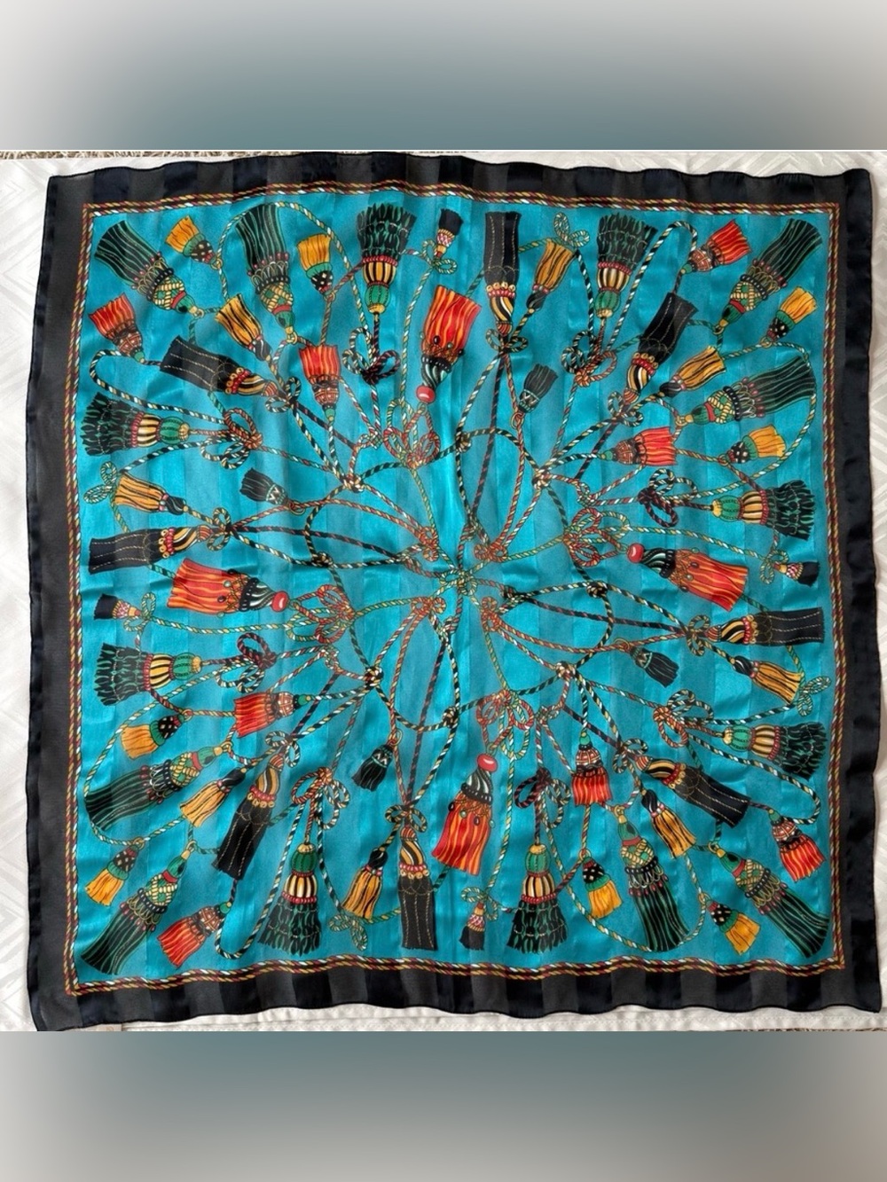 Berkshire Teal and Black Scarf with Colorful Rope Design Tassels
